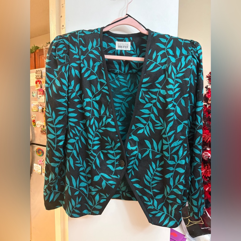 Vintage Teal and Black Leaf Patterned Fabric